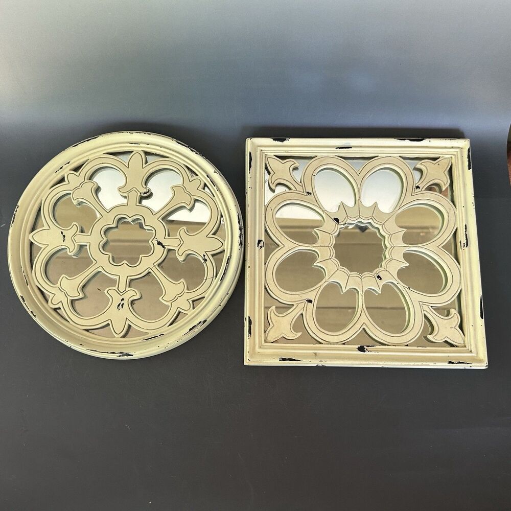VTG Gothic Rose Round Square Mirror Set Of 2 Distressed Ivory Wall Decor ~10”